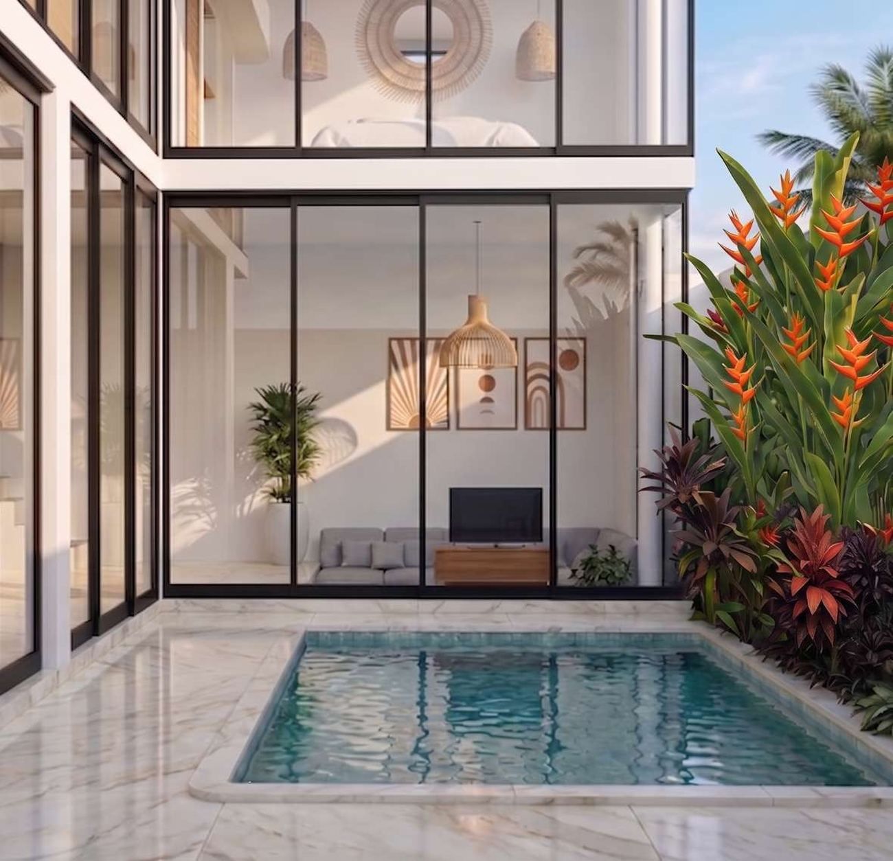 Rendering · Living area and pool